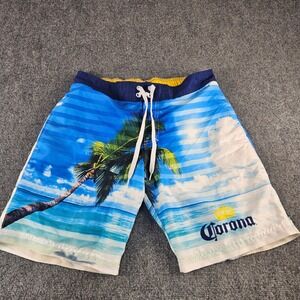 Corona Extra Mens Small Blue Tropical Palm Tree Board Shorts Swim Trunks Mesh